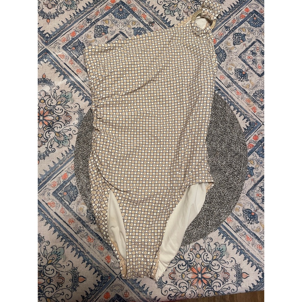 One Shoulder Ring Detail Geometric Circle Print Swimsuit Tan Cream Women Small